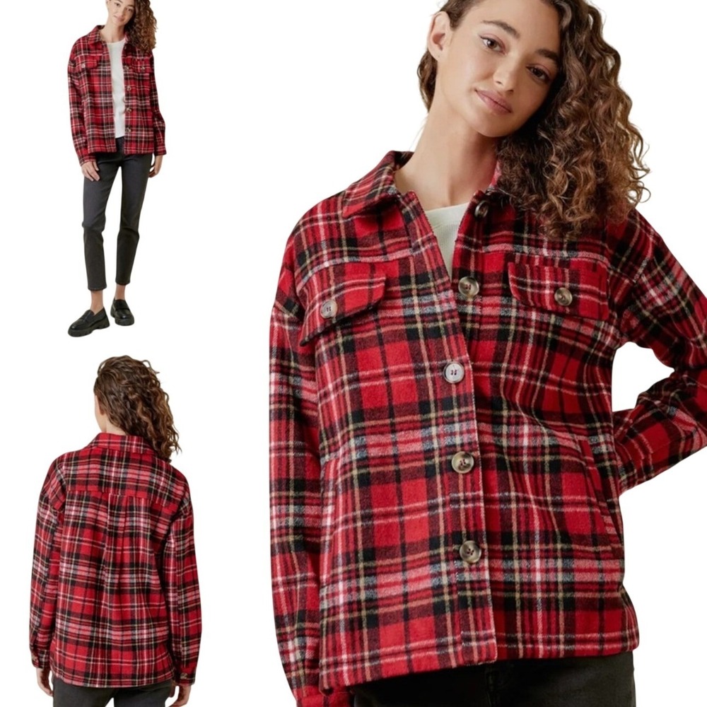 Mystree Plaid Shacket Womens Large Red Buffalo Check Button Up Flannel Jacket
